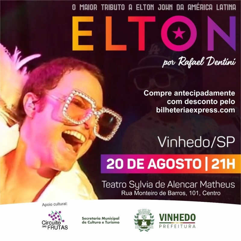 Vinhedo - Tributo a Elton John chega ao Teatro Municipal no dia 20 de agosto!