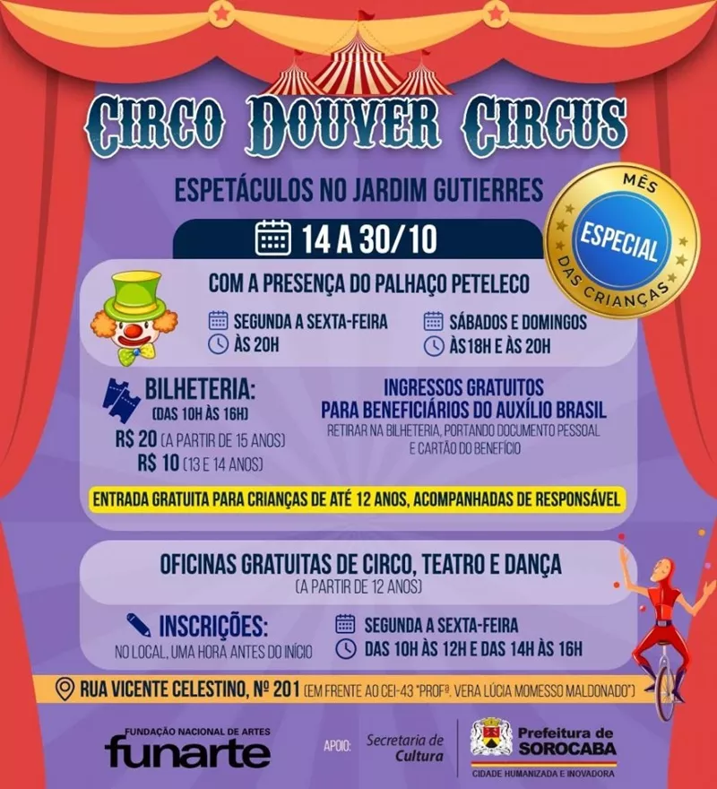 Sorocaba recebe espetáculos e oficinas Douver Circus a partir desta sexta (14)!