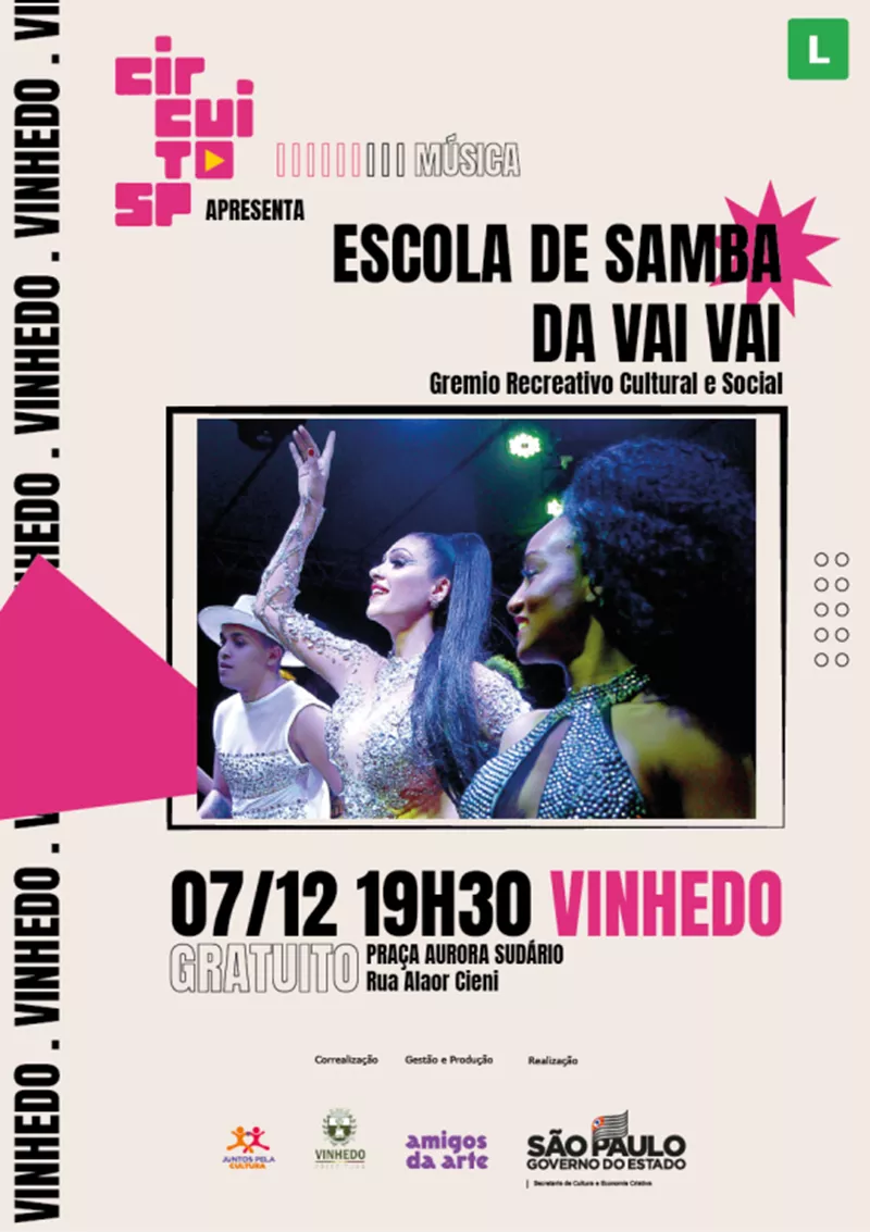 Escola de samba Vai-Vai se apresenta em Vinhedo nesta quarta-feira!